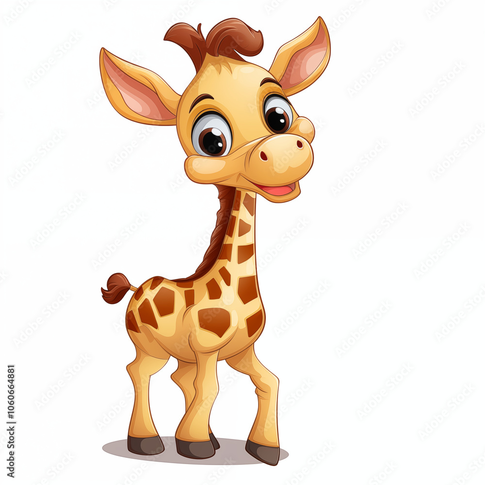 Obraz premium A cheerful cartoon giraffe smiles playfully in a vibrant and friendly style for kids