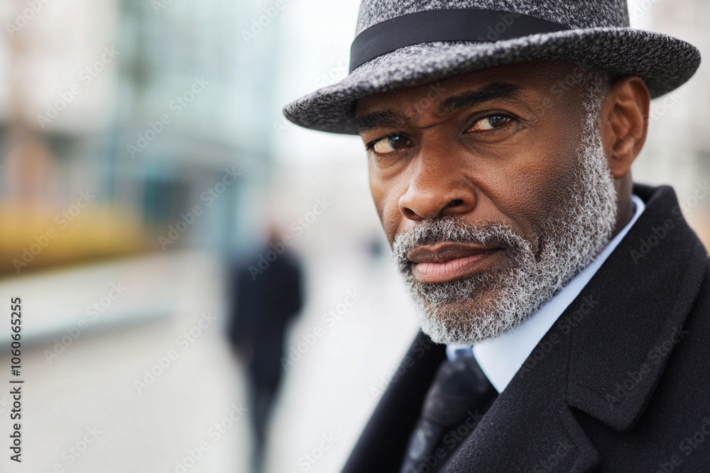 Stylish man in a grey hat walking through the city streets Stylish man in a grey hat walking through the city streets