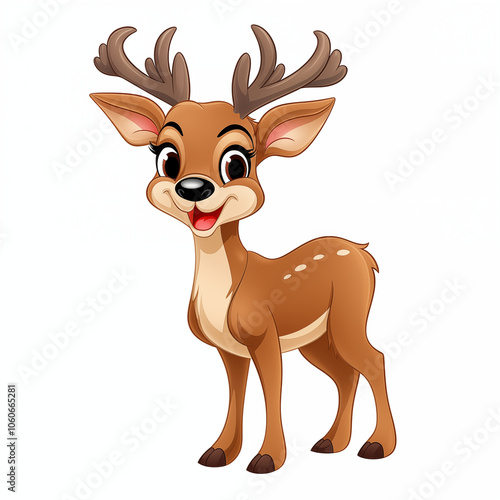 Happy cartoon deer with antlers standing cheerfully against a white background