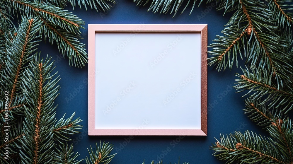 Empty frame amidst pine branches on blue background Empty frame amidst pine branches on blue background
