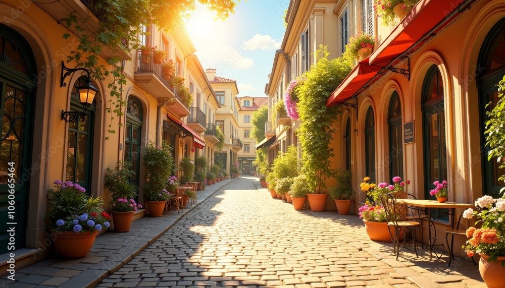 Fototapeta premium Quaint European Street with Charming Buildings and Colorful Plants.
