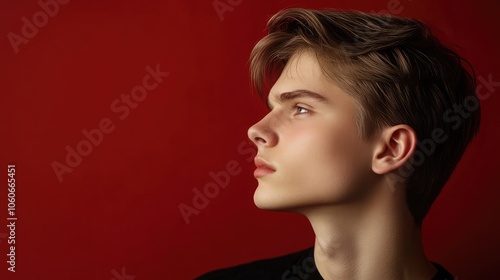 A young man with light brown hair looks up and to the right against a solid red background.