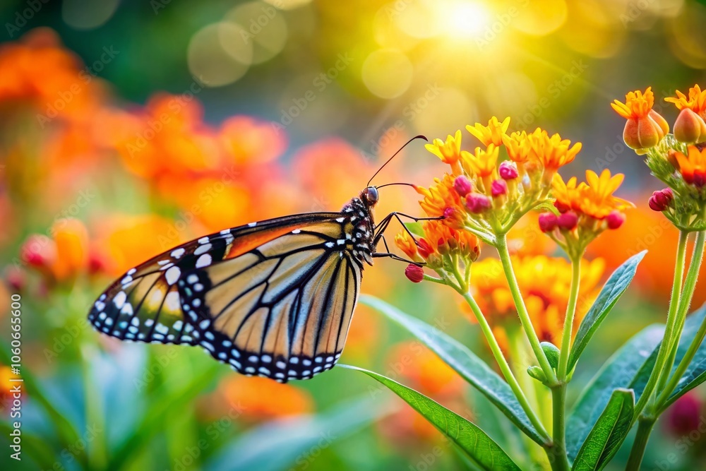 Monarch Butterfly Feeding on Orange Butterfly Weed Wildflowers in a Lush Perennial Garden - Nature's Colorful Harmony Monarch Butterfly Feeding on Orange Butterfly Weed Wildflowers in a Lush Perennial Garden - Nature's Colorful Harmony