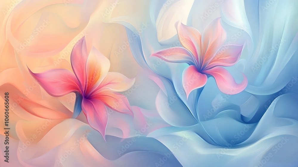 Two delicate pink flowers with yellow centers bloom on a soft blue and peach abstract background. Two delicate pink flowers with yellow centers bloom on a soft blue and peach abstract background.