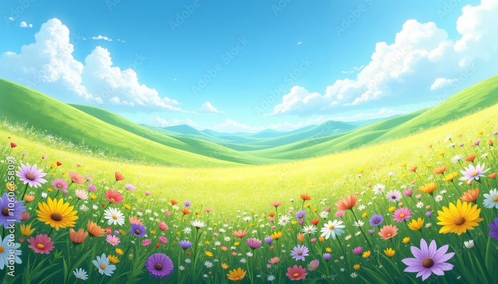 Obraz premium Vibrant Field of Wildflowers Blooming Under Clear Blue Sky.