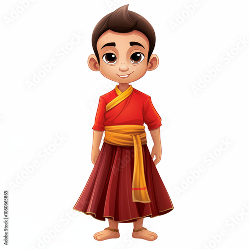 A cheerful cartoon boy in a traditional outfit standing confidently in a vibrant setting