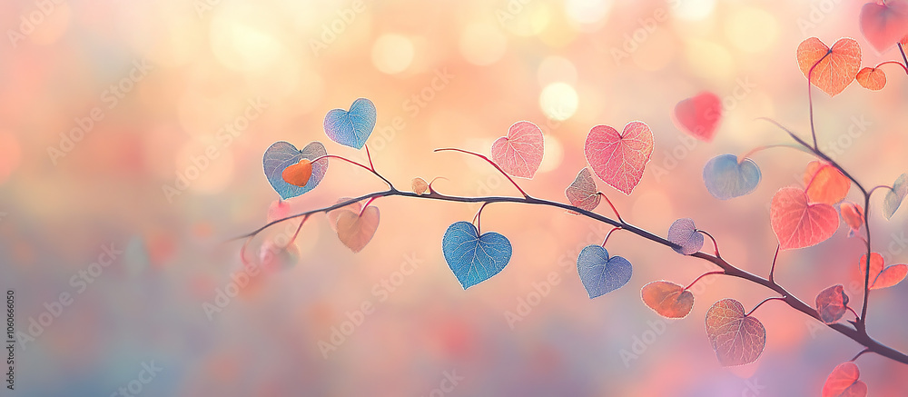 Pastel Heart Leaves on a Branch in Soft Bokeh Background Pastel Heart Leaves on a Branch in Soft Bokeh Background