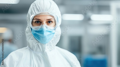 A healthcare professional in protective gear and a blue mask stands in a sterile environment, conveying professionalism and safety.