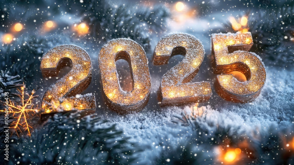 Golden '2025' numerals sparkle with light, surrounded by snow-covered evergreen branches, creating a festive New Year's Eve scene. Golden '2025' numerals sparkle with light, surrounded by snow-covered evergreen branches, creating a festive New Year's Eve scene.