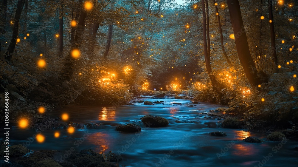 Obraz premium Enchanted Forest with Glowing Lights and a Stream .