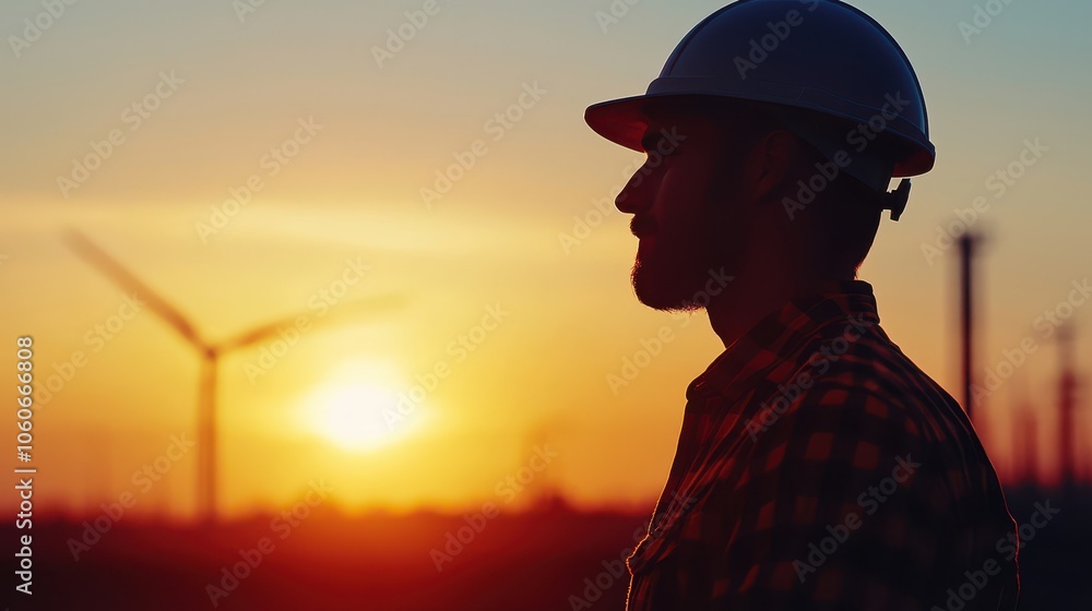 A silhouette of a worker in a helmet stands against a sunset, with wind turbines in the background, symbolizing renewable energy and the future of work. A silhouette of a worker in a helmet stands against a sunset, with wind turbines in the background, symbolizing renewable energy and the future of work.
