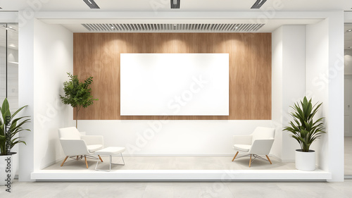 corporate branding identity logo display white blank frame mockup with modern business offices reception background as banner with copy space area mock up photo