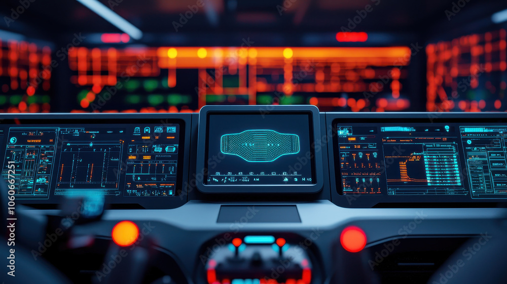 Futuristic control center with advanced digital displays and vibrant lighting Futuristic control center with advanced digital displays and vibrant lighting