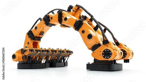 An industrial robotic arm, a marvel of engineering, stands poised, ready for its task against a stark white backdrop.