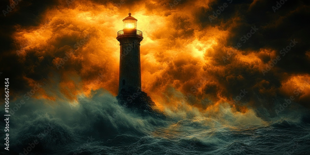 A Lighthouse Shines Through a Stormy Sea and Dramatic Sky A Lighthouse Shines Through a Stormy Sea and Dramatic Sky