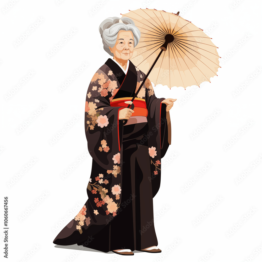 An elderly woman wearing a floral kimono holds a traditional parasol in a serene garden setting An elderly woman wearing a floral kimono holds a traditional parasol in a serene garden setting