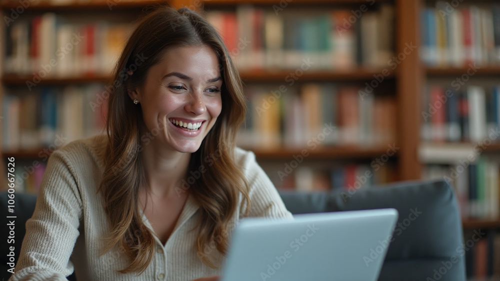 Woman smiles while watching funny videos on her laptop in a library. Woman smiles while watching funny videos on her laptop in a library.