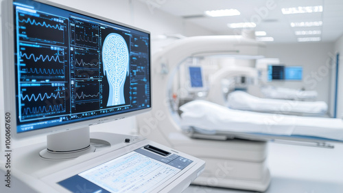 Advanced medical imaging room with brain scan display