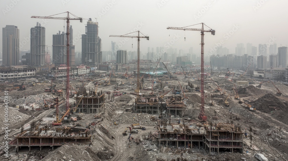 Construction Site with Multiple Cranes Amidst a City Skyline Construction Site with Multiple Cranes Amidst a City Skyline