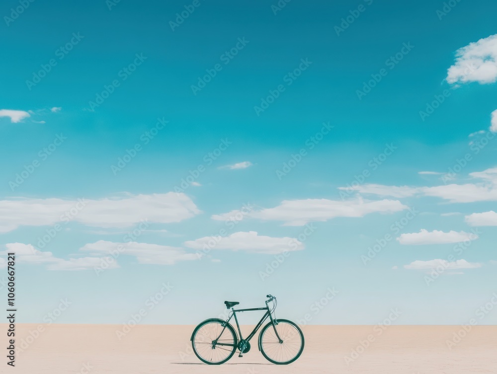 Fototapeta premium A solitary bicycle stands in a vast, open landscape under a clear blue sky, evoking a sense of freedom and adventure.