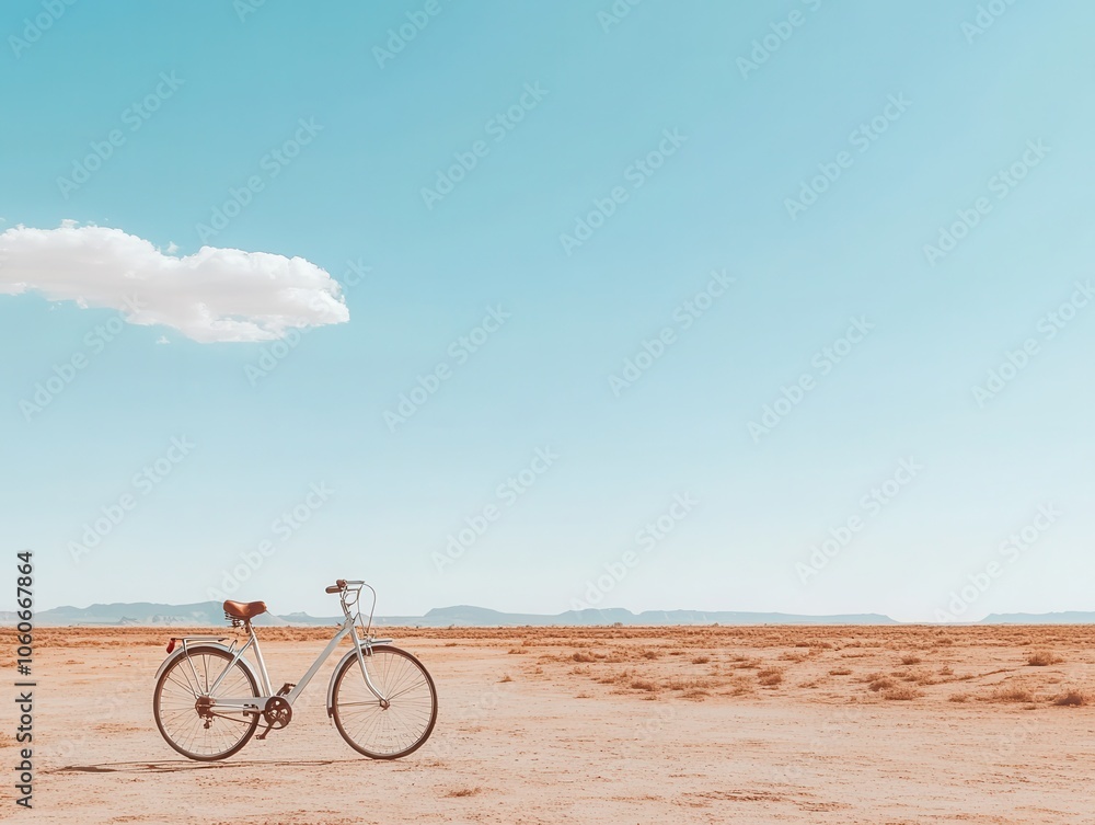 Fototapeta premium A vintage bicycle stands solitary on a vast, empty landscape under a clear blue sky, evoking a sense of freedom and adventure.