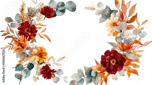 Wallpaper Mural Watercolor painting of a floral wreath with burgundy, yellow, and orange flowers and greenery on a white background. Torontodigital.ca