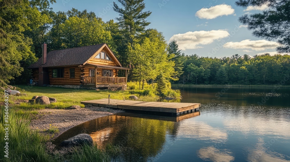 Obraz premium A charming log cabin sits on the edge of a serene lake, surrounded by lush greenery, inviting tranquility and relaxation.