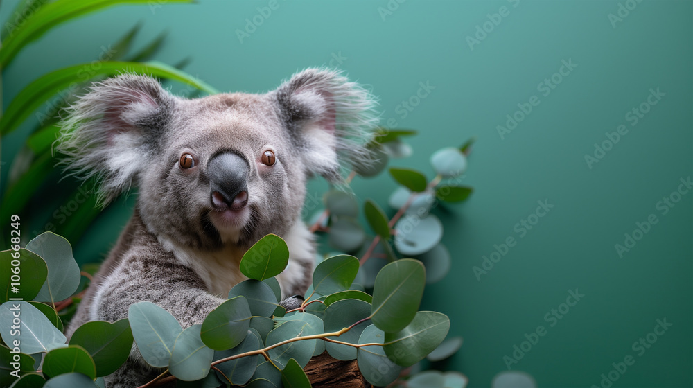 Obraz premium Koala with Big Ears Holding a Eucalyptus Branch on a Eucalyptus Green Background