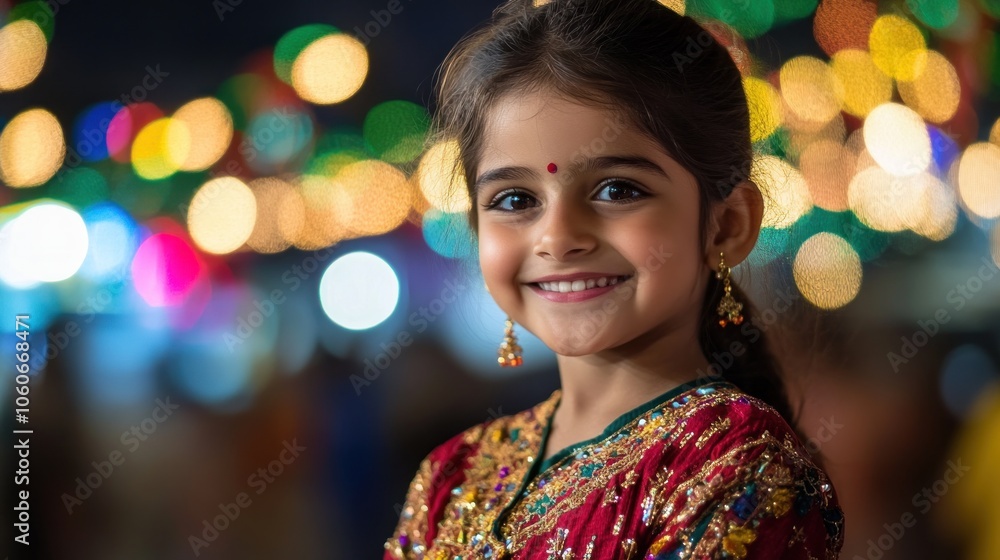 A smiling girl in traditional attire against a backdrop of festive lights. A smiling girl in traditional attire against a backdrop of festive lights.