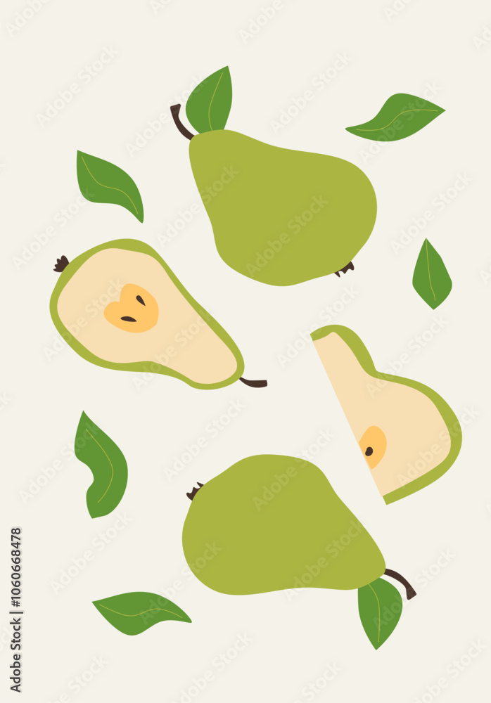 Modern vertical pears poster, vector flat illustration. Autumn bright pattern with tropical fruit, harvest cover design. Can used for labels, market ad, posters, covers for print. Modern vertical pears poster, vector flat illustration. Autumn bright pattern with tropical fruit, harvest cover design. Can used for labels, market ad, posters, covers for print.