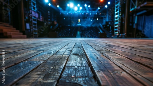 A closeup of the stage from a different angle showing the intricate details of the wooden flooring and the hightech equipment.