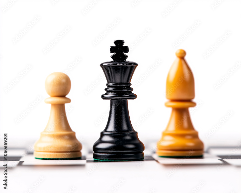 In this image a black king stands confidently between a white pawn and a yellow bishop symbolizing a tactical showdown in chess where each piece plays a critical role in the quest for checkmate. In this image a black king stands confidently between a white pawn and a yellow bishop symbolizing a tactical showdown in chess where each piece plays a critical role in the quest for checkmate.