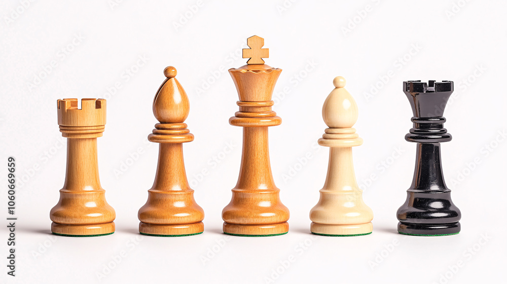 A display of five distinct chess pieces exemplifying the artistry and design variations in modern chess sets highlighting their unique materials and forms. A display of five distinct chess pieces exemplifying the artistry and design variations in modern chess sets highlighting their unique materials and forms.
