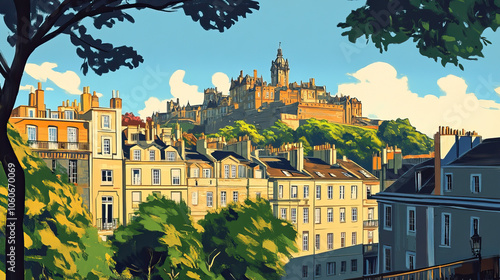 Edinburgh, UK, french vintage Art Nouveau & Art Deco travel poster template. Cityscape and city skyline.Classic La Belle Epoque vichy art. Clear, simple, trendy