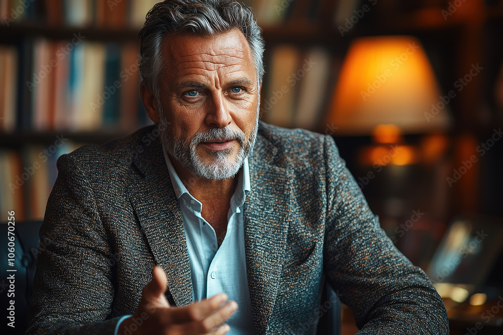 Naklejka premium A middle-aged man shares insights while sitting comfortably in a dimly lit library filled with books