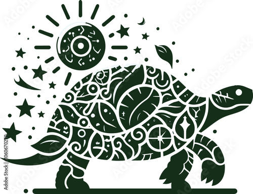 Mystical sun tortoise with celestial stars and ornate shell pattern peaceful journey silhouette
