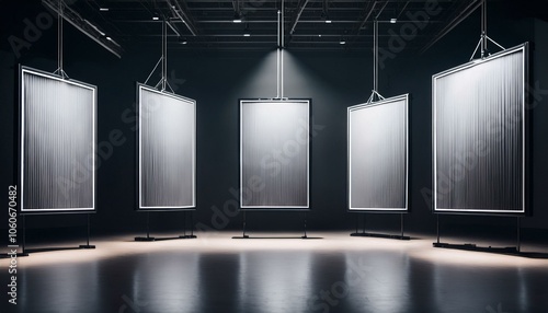 Three hanging displays in a dark exhibition space. Dramatic illumination. Generative AI photo