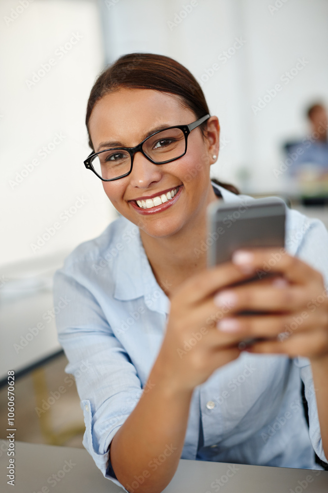 Business woman, portrait and phone for communication, project management and networking with contact. Graphic designer, smile and mobile in office for client feedback, web review and social media Business woman, portrait and phone for communication, project management and networking with contact. Graphic designer, smile and mobile in office for client feedback, web review and social media