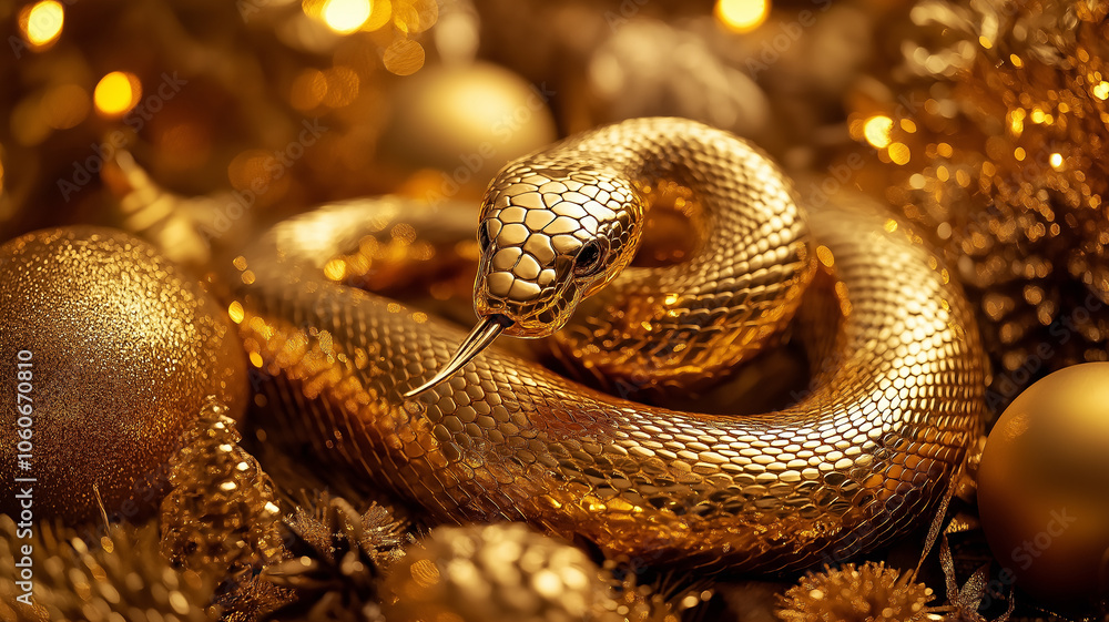 Golden snake among Christmas decorations Golden snake among Christmas decorations