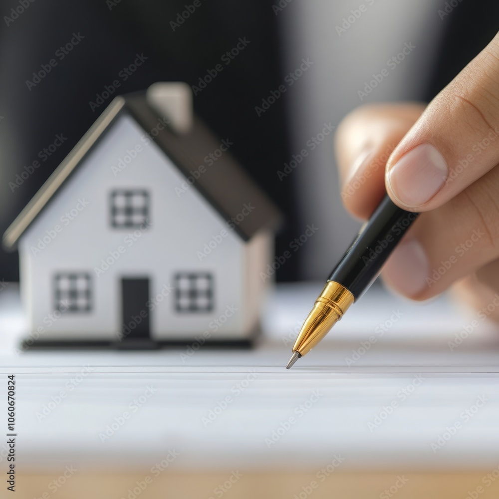 A hand holding a pen signing a contract with a miniature house in the foreground. A hand holding a pen signing a contract with a miniature house in the foreground.