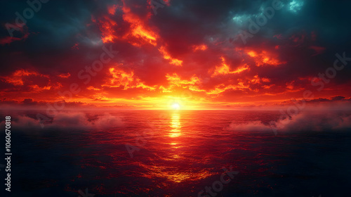 Fiery Sunset Over the Ocean - Digital Illustration