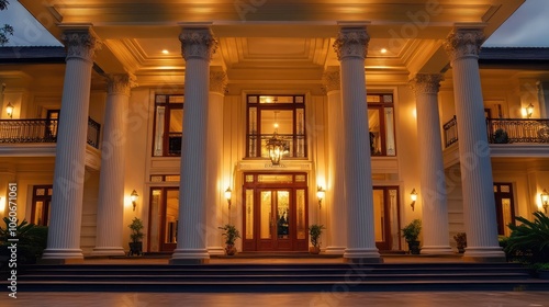 A grand entrance to a luxurious mansion  with white columns  ornate details  and warm lighting  creating a welcoming and elegant atmosphere.