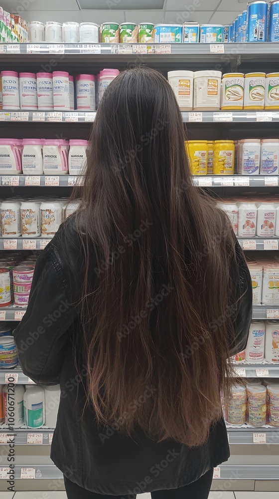 A woman with long hair, standing at a supermarket shelf full of milk products and drinks A woman with long hair, standing at a supermarket shelf full of milk products and drinks