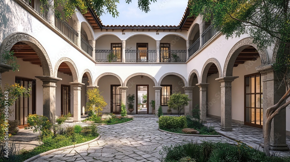 Fototapeta premium A tranquil courtyard with arched walkways, lush greenery, and stone pavers, offering a peaceful escape in a Spanish Colonial-style building.