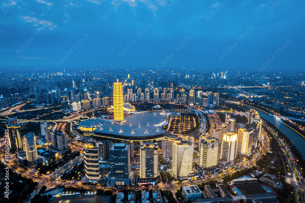 Night aerial View of CBD in Zhengdong New District, Zhengzhou, Henan Province, China