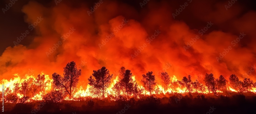 Forest wildfire nature disaster. Ecology global warming. Climate change. Generative AI technology.