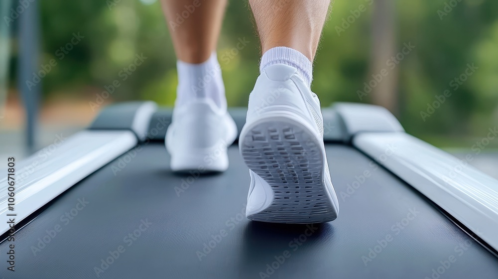 Close-up of a person's athletic shoes while walking on a treadmill, representing fitness, exercise, and a healthy lifestyle. Close-up of a person's athletic shoes while walking on a treadmill, representing fitness, exercise, and a healthy lifestyle.