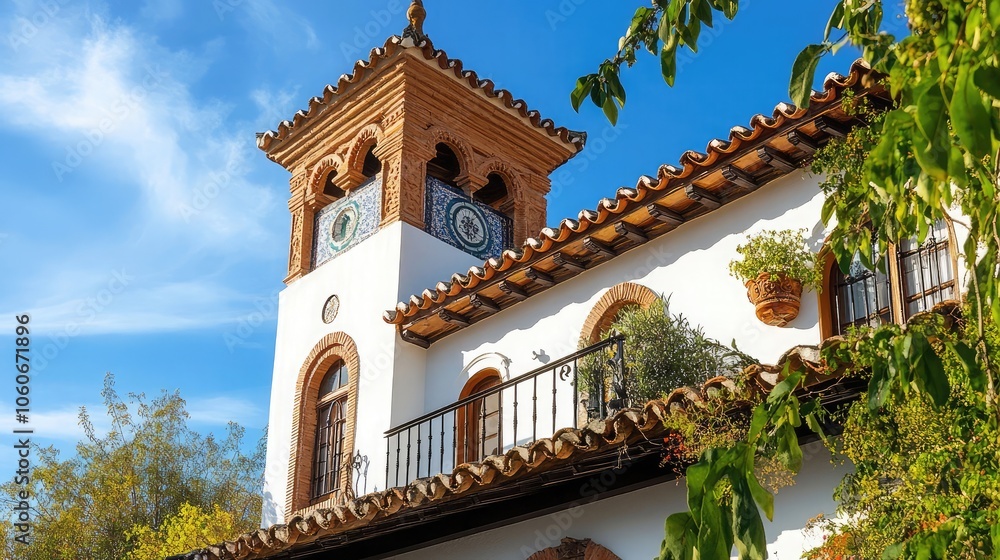 A white building with a terracotta roof and a tower, surrounded by lush greenery, creating a picturesque scene. A white building with a terracotta roof and a tower, surrounded by lush greenery, creating a picturesque scene.