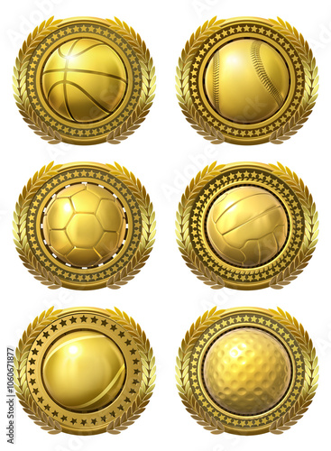 A set of golden sports badges adorned with laurel wreaths and stars, dedicated to the sports of basketball, baseball, soccer, volleyball, tennis, and golf. 3D illustration 