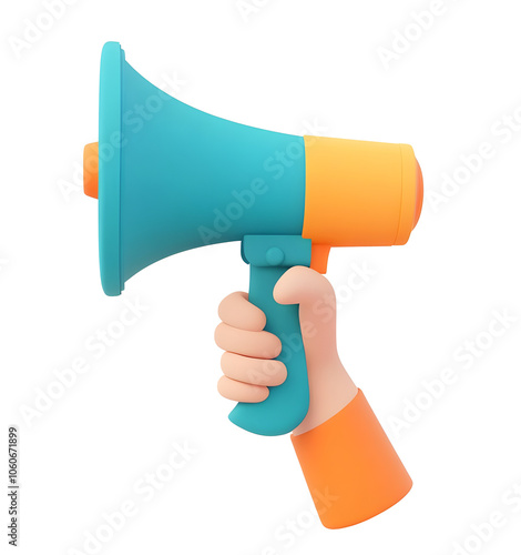 3D Illustration of Hand Holding a Colorful Megaphone
